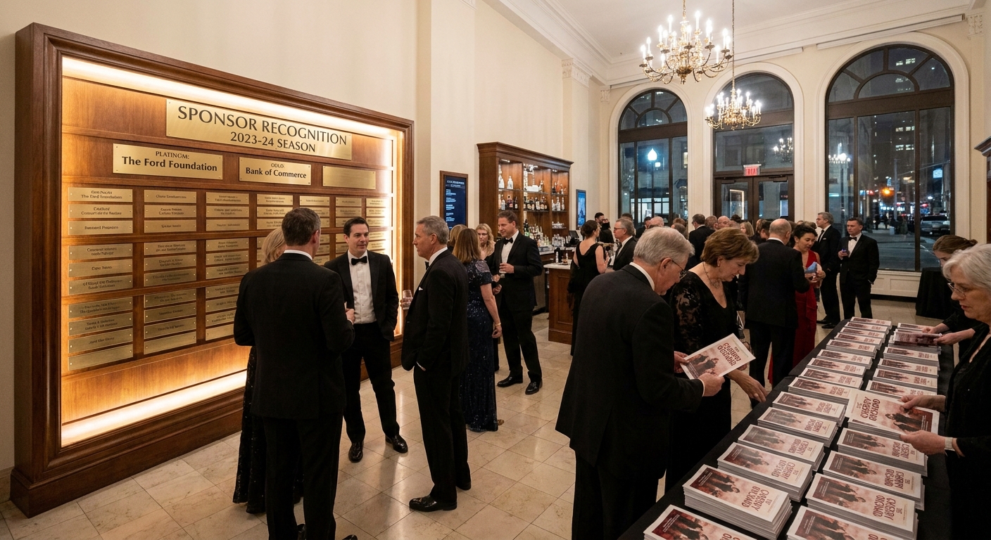 A theater lobby where patrons stand near a sponsor recognition display and a table stacked with printed programs