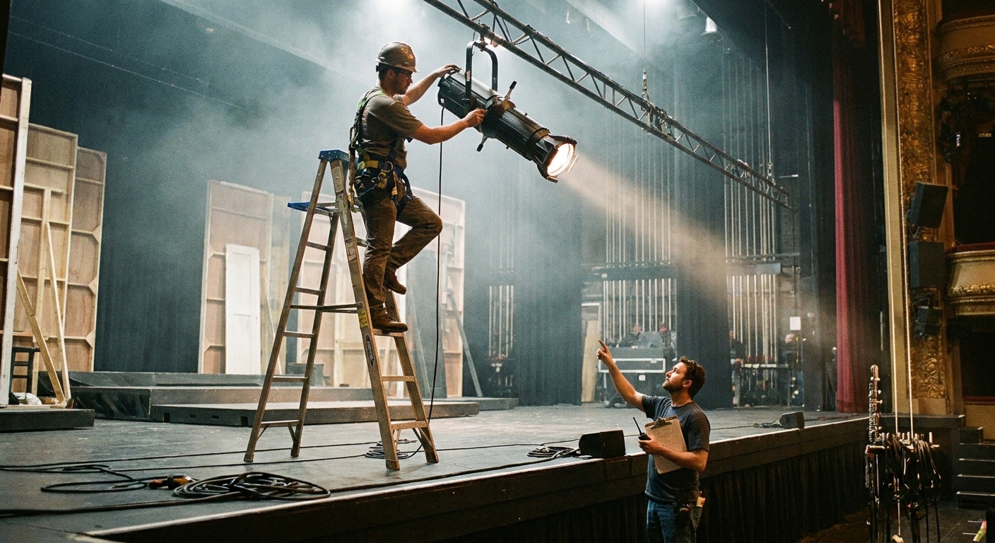 A theater technician in a hard hat on a ladder focusing an ellipsoidal spotlight toward the stage while another crew member watches from the deck