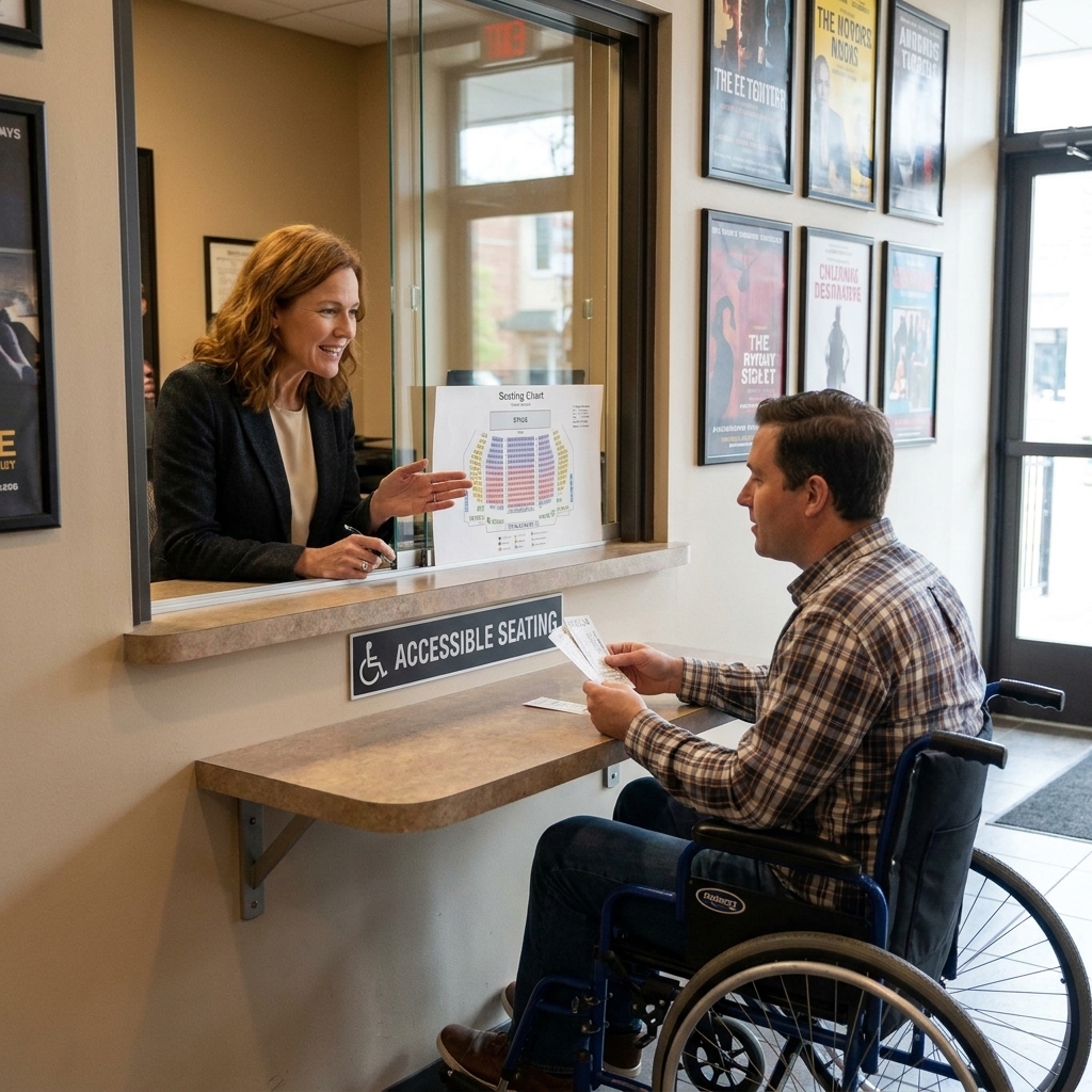 A theatre box office window with a staff member speaking to a patron in a wheelchair at an accessible counter