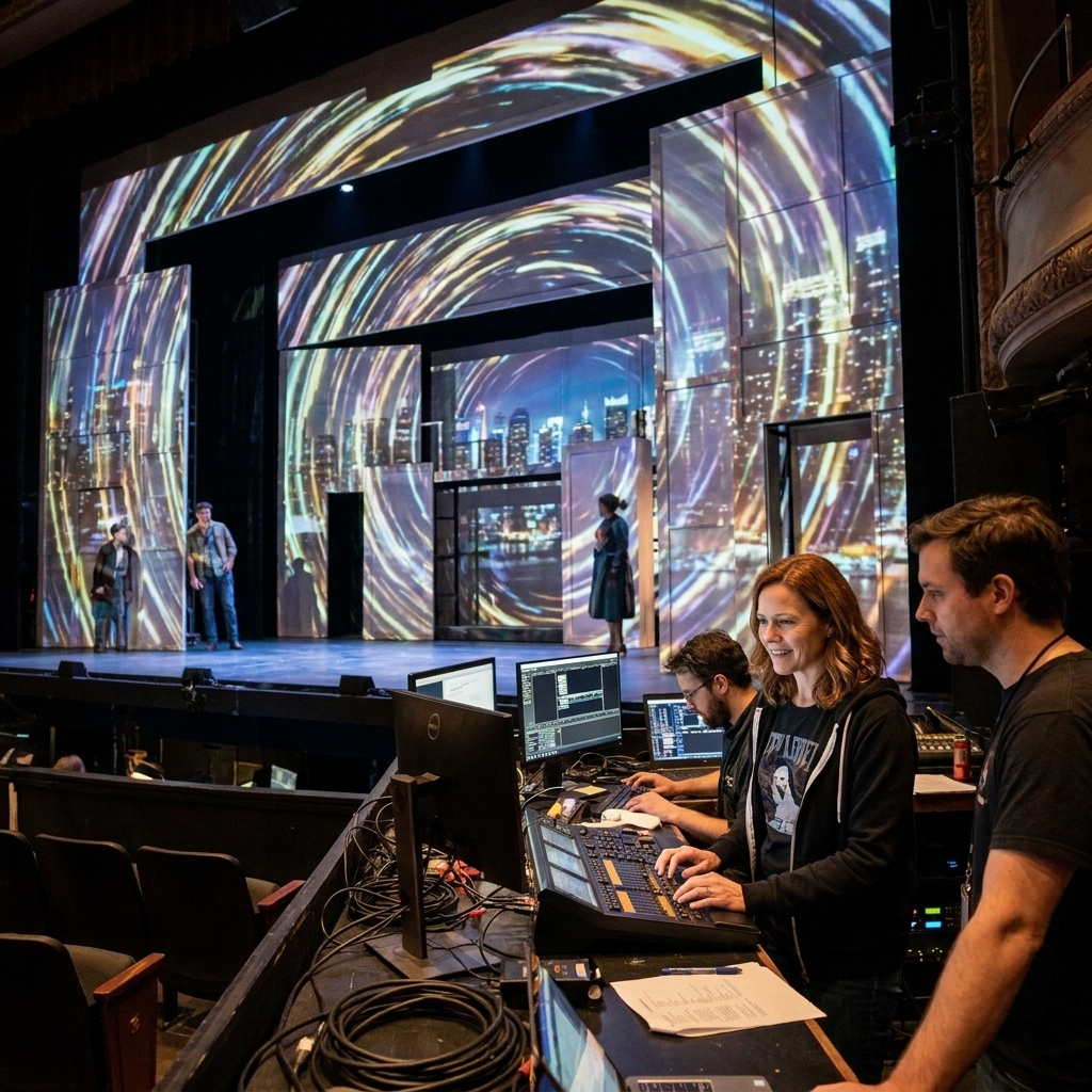 A theatre stage during a rehearsal with projection mapping washing across layered set pieces, with technicians visible at the side monitoring equipment