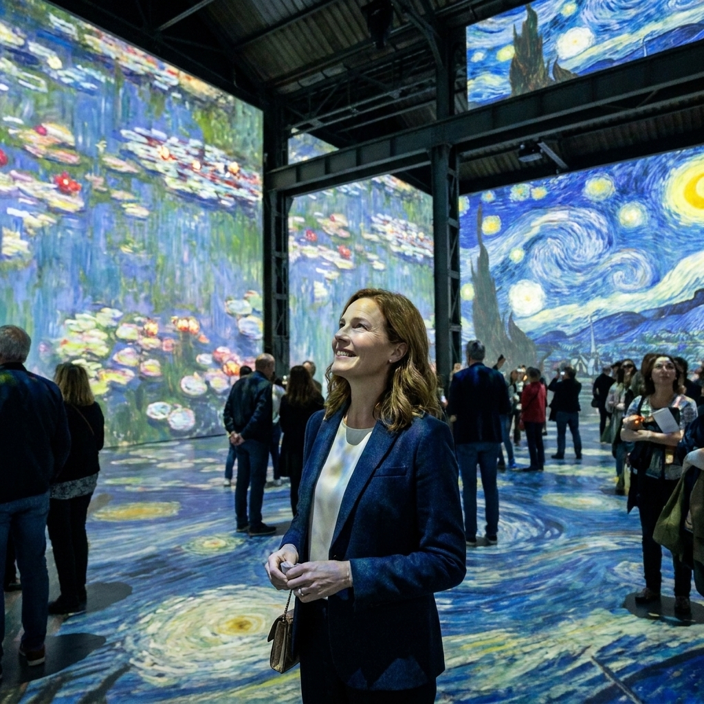 A vast industrial hall in Paris with floor-to-ceiling projections of classic paintings, with visitors standing and watching the moving imagery