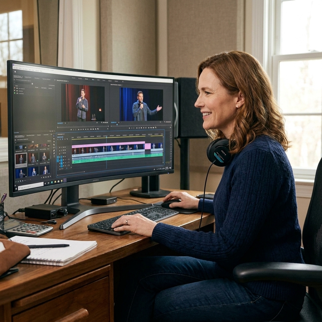 A video editor working at a desk with a nonlinear editing program open, showing multiple camera angles from a stand-up comedy performance