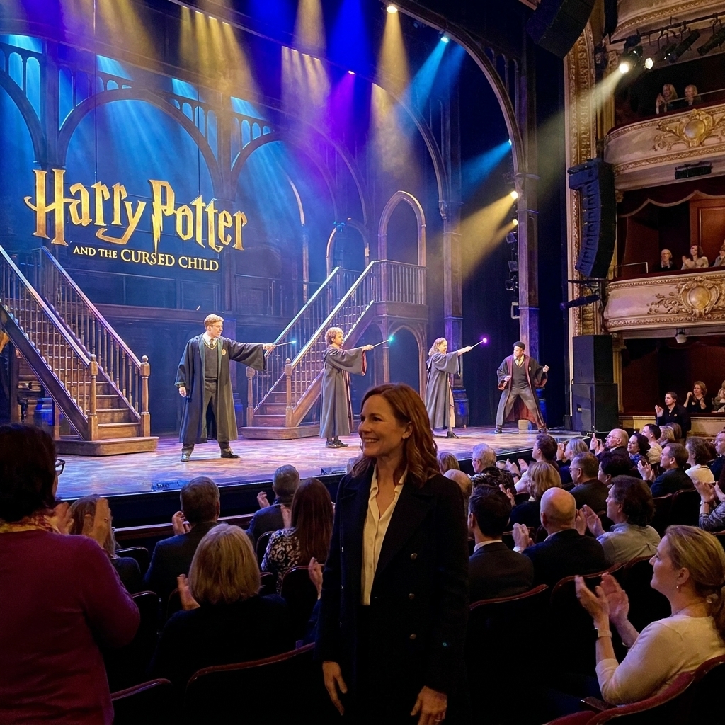 A view from the audience of a large proscenium stage with dramatic lighting and moving scenic elements during a performance of Harry Potter and the Cursed Child