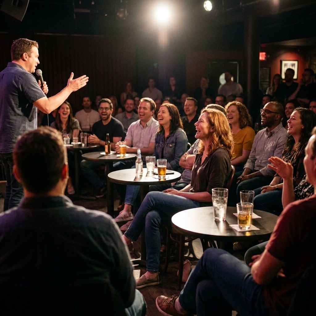 A view from the back of a comedy club showing an audience laughing as a comedian performs under a bright spotlight onstage