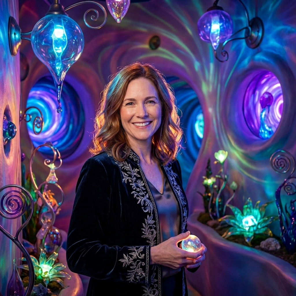 A vividly colored surreal room with glowing lights, tunnels, and whimsical sculptural details