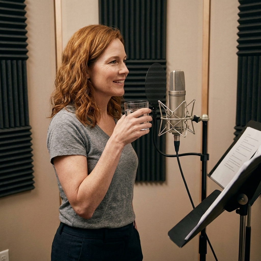 A voice actor in a recording booth holding a glass of water near a microphone stand during a break