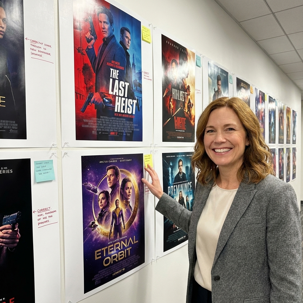 A wall in an entertainment marketing office covered with large-format movie poster proofs, showing varied compositions and color palettes