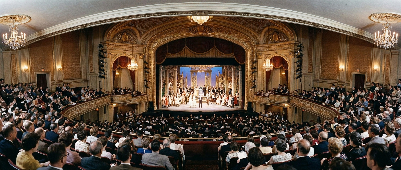 A wide-angle photograph from the back of a classic Broadway-style theater showing the orchestra and balcony sections facing a brightly lit proscenium stage
