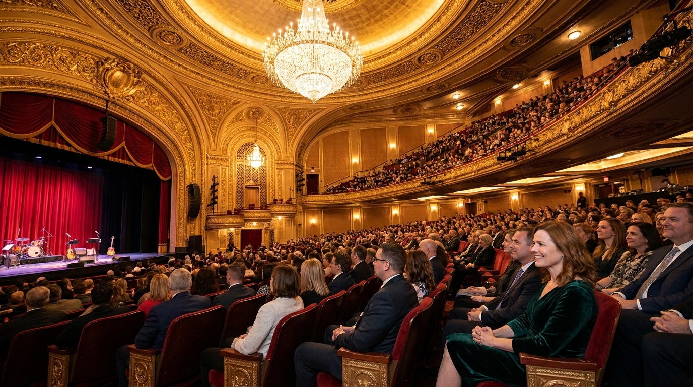 A wide-angle photograph of the Chicago Theatre auditorium with ornate gold detailing, a grand chandelier, and rows of seats leading to a brightly lit stage