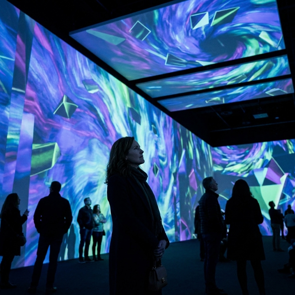 A wide gallery space where luminous digital art projections cover walls and ceiling, with visitors silhouetted in the glow