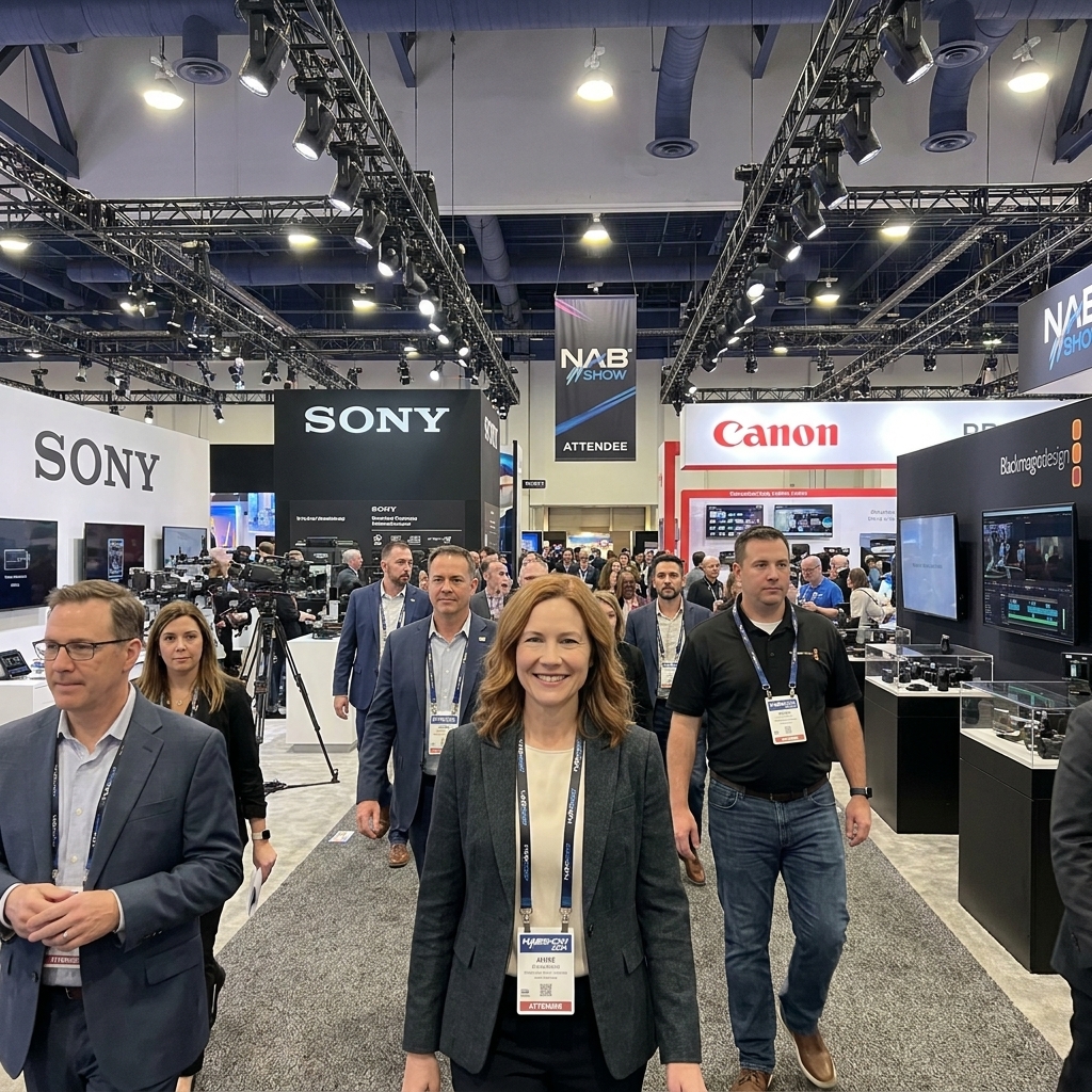 A wide hallway inside the NAB Show in Las Vegas with attendees wearing badges walking past broadcast equipment booths and bright stage lighting