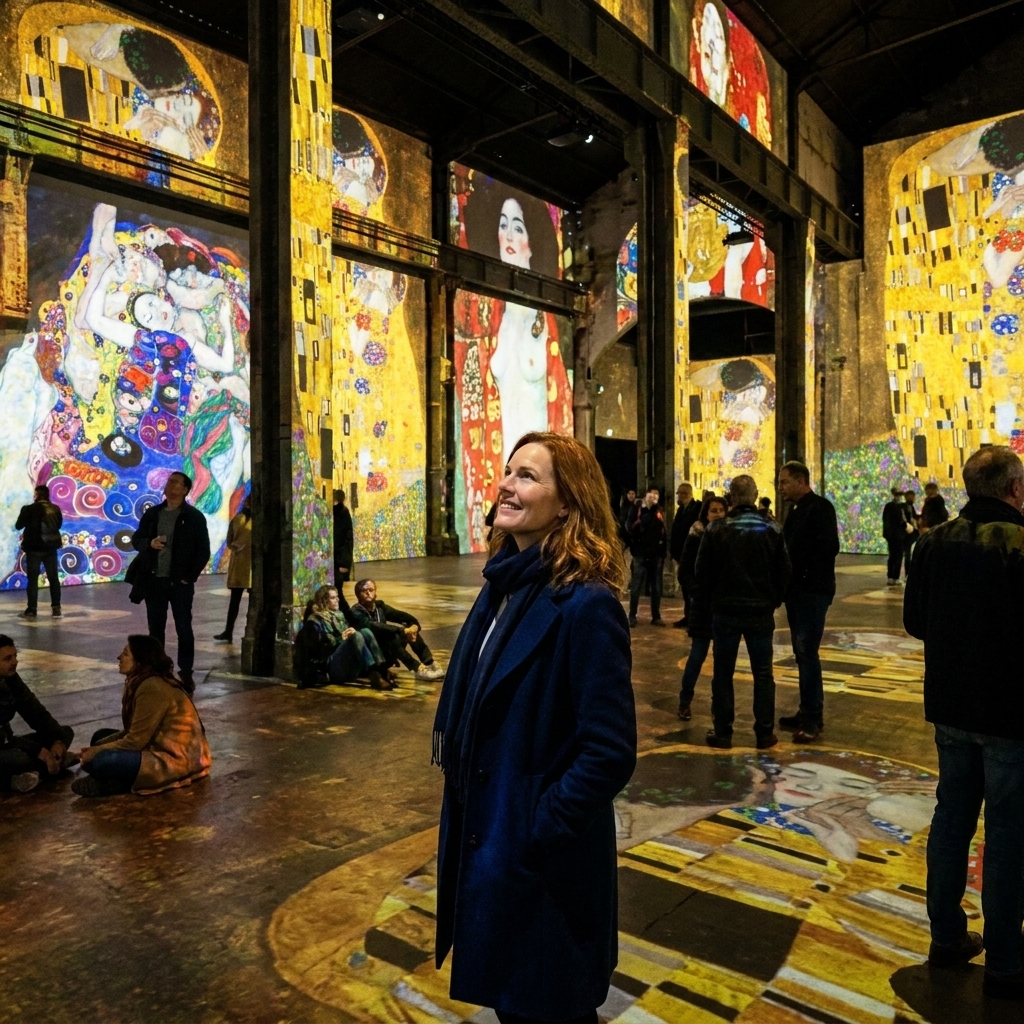 A wide interior view of Atelier des Lumières in Paris with projections covering the walls, columns, and floor as visitors watch