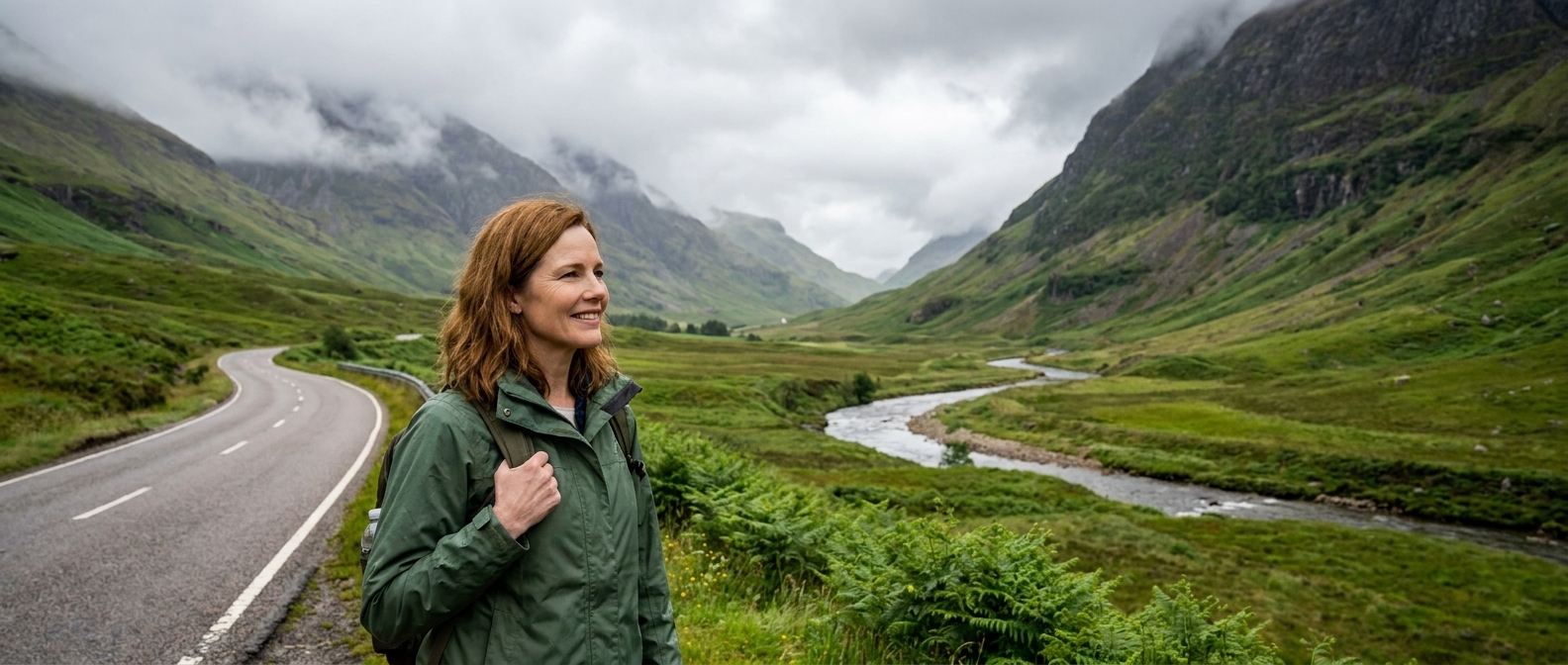 A wide landscape photograph of Glen Nevis near Fort William with a winding road, green valley, and misty mountain slopes under a cloudy sky