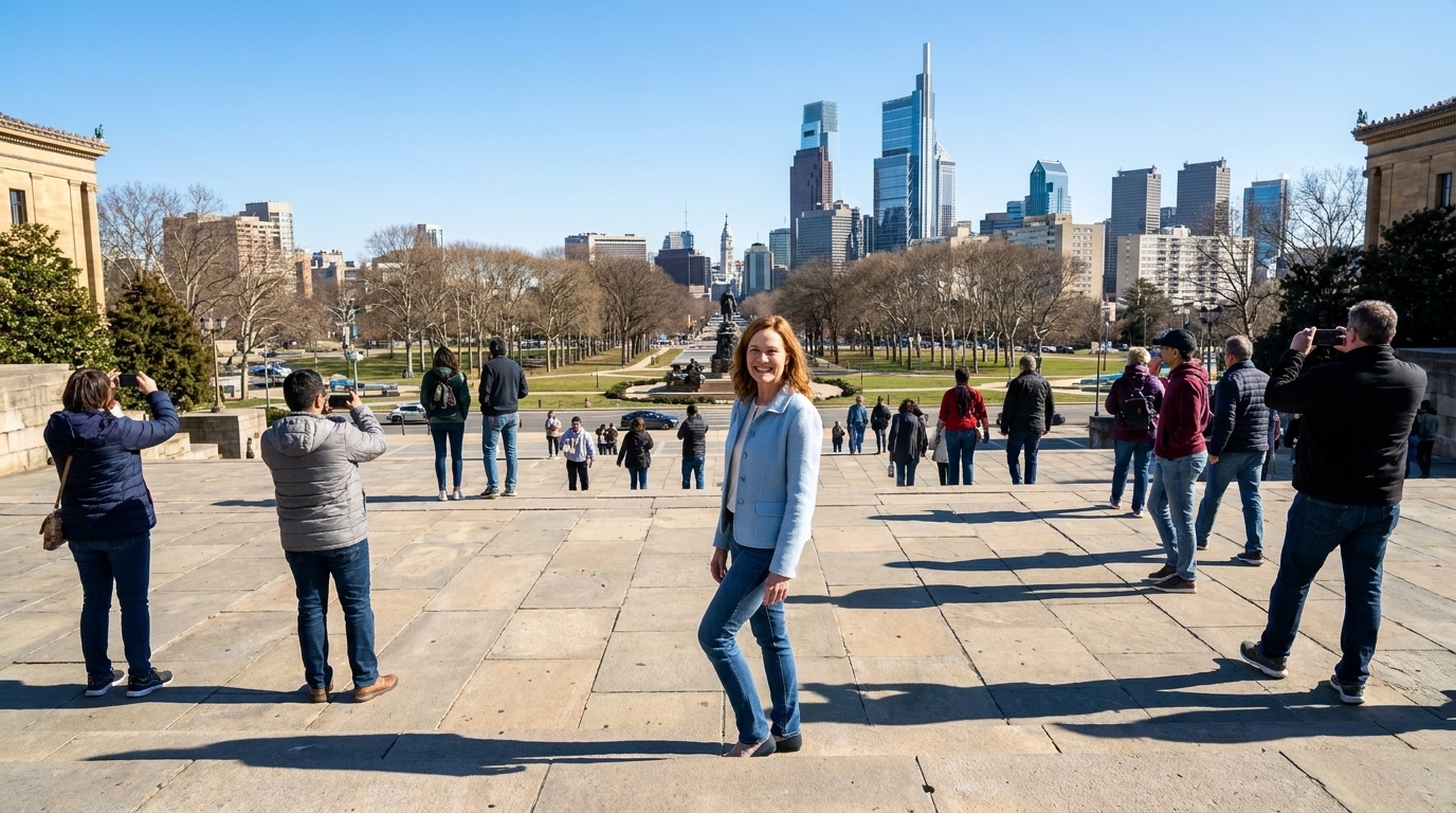 A wide photograph of the Philadelphia Museum of Art steps with visitors scattered along the staircase and the city skyline in the distance