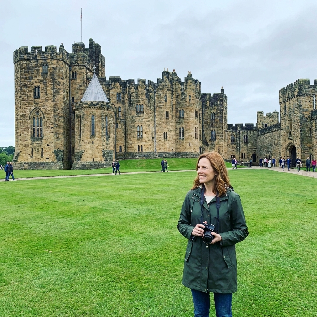 A wide view of Alnwick Castle’s stone walls and towers with visitors on the grounds and a green lawn stretching across the foreground