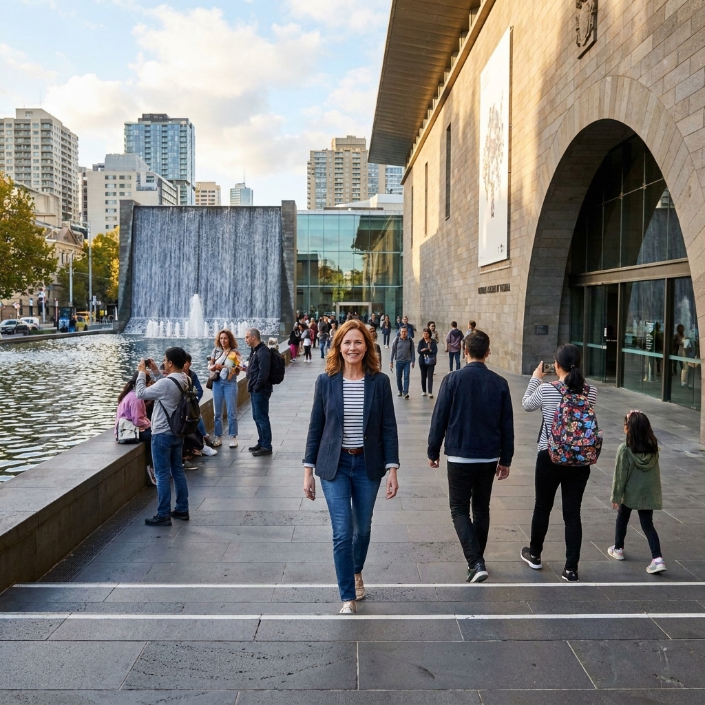A wide view of the National Gallery of Victoria entrance in Melbourne with visitors moving up the steps and water elements nearby