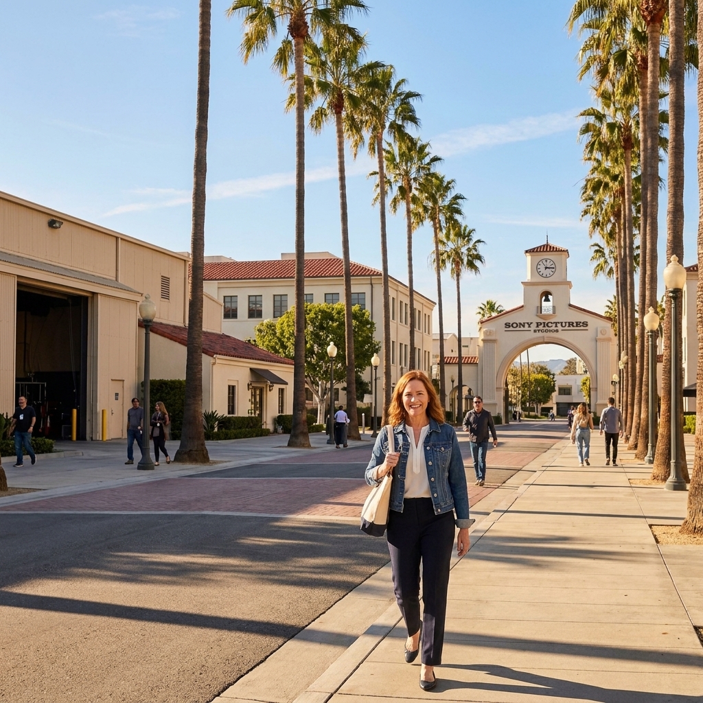A wide view of the Sony Pictures Studios lot in Culver City with studio buildings and palm-lined walkways