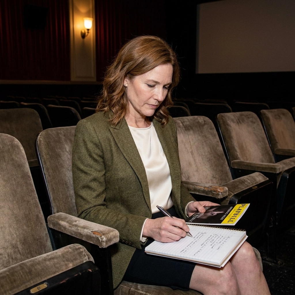 A woman sits in a small independent movie theater before a screening, reviewing notes beside a program booklet.