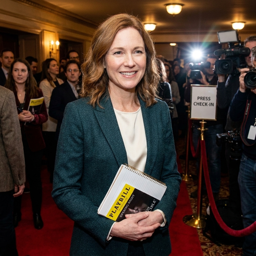 A woman stands in a theater lobby on press night, holding a notebook and a playbill.