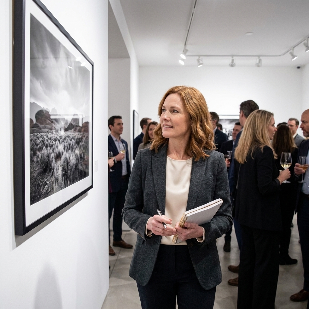 A woman walks through a contemporary art gallery opening, looking at a large framed photograph on a white wall while holding a small notebook.