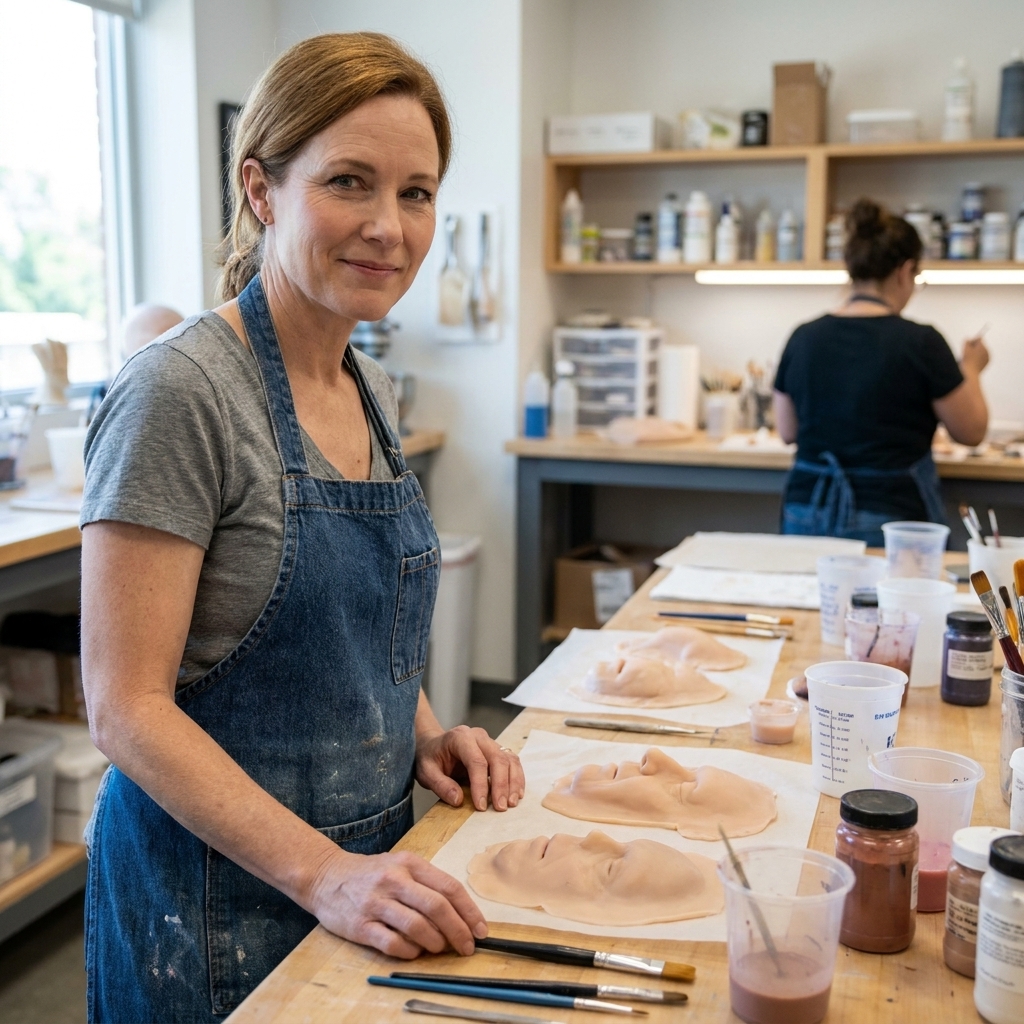 A worktable in an FX makeup studio with several unpainted silicone prosthetic pieces laid out on parchment, mixing cups and pigment jars nearby