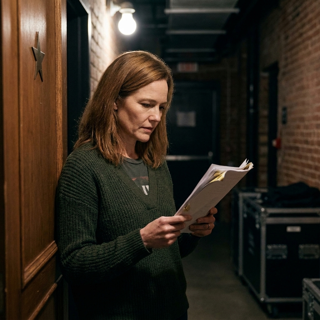 A young actor holds a worn script and quietly rehearses in a dim backstage corridor near a dressing room door.