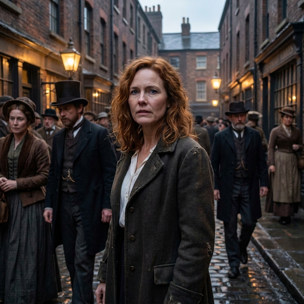 A young woman in a worn coat standing in a dim crowded street, with gaslit buildings and damp cobblestones behind her