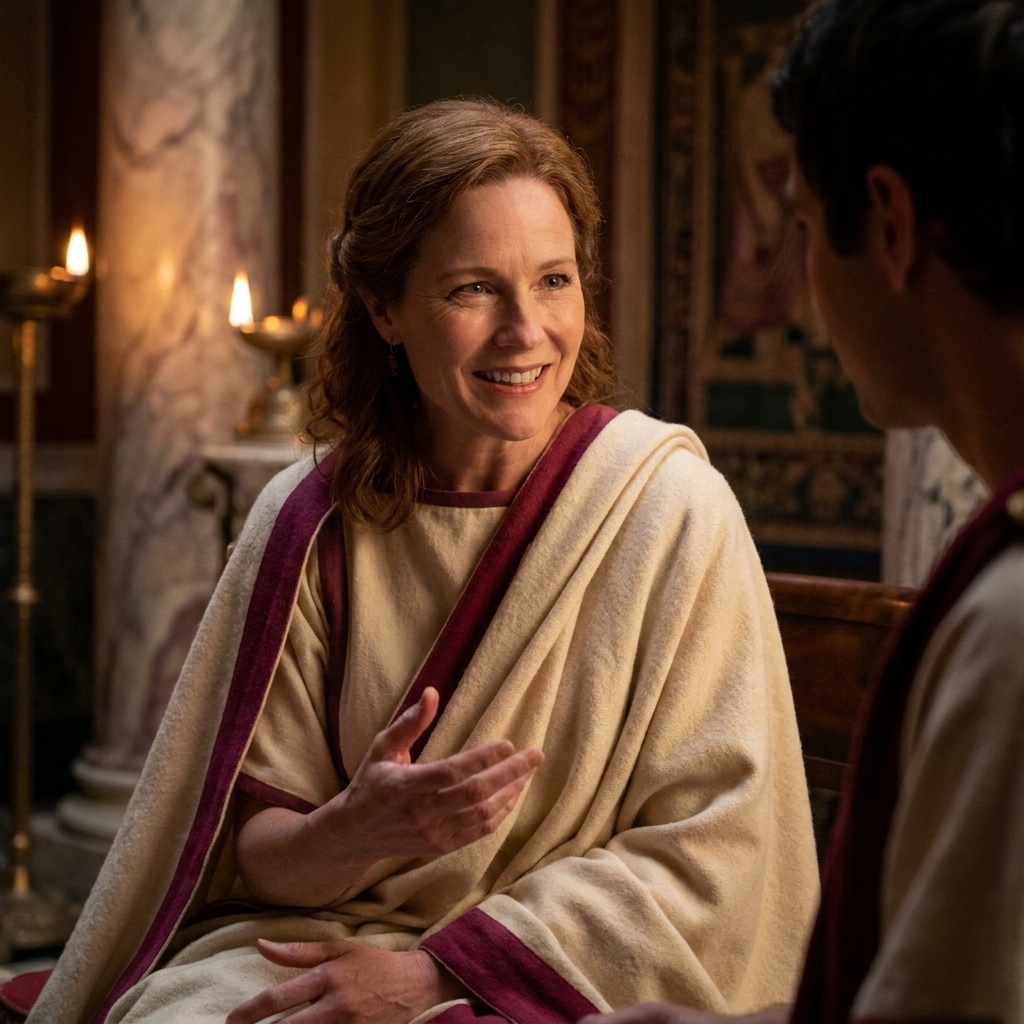 Actors in Roman togas inside a richly dressed palace room with columns and warm lamplight, framed in a tight conversational scene