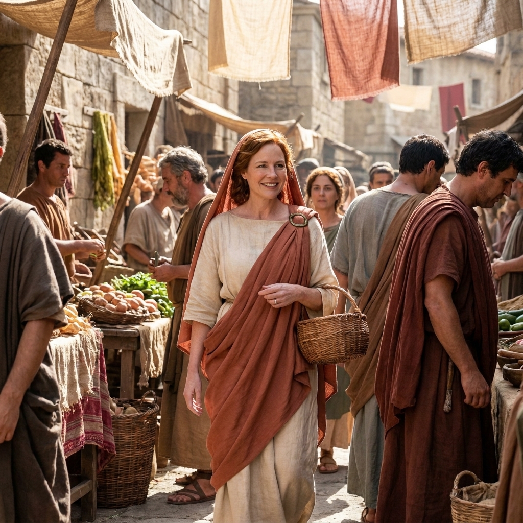 Actors in ancient Roman clothing walking through a bustling market street set with hanging textiles, stalls, and sunlit stone buildings