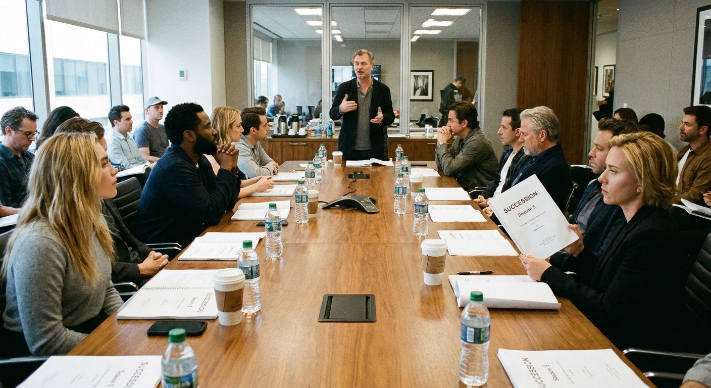 Actors seated around a conference table during a table read, holding scripts and listening as a director speaks