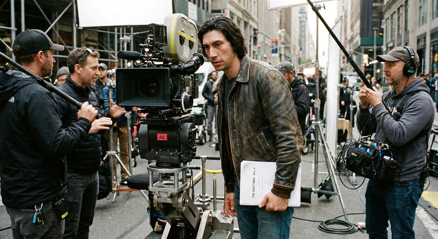An actor holding a script while standing near a camera setup on a busy film set, with crew members and lighting stands in the background