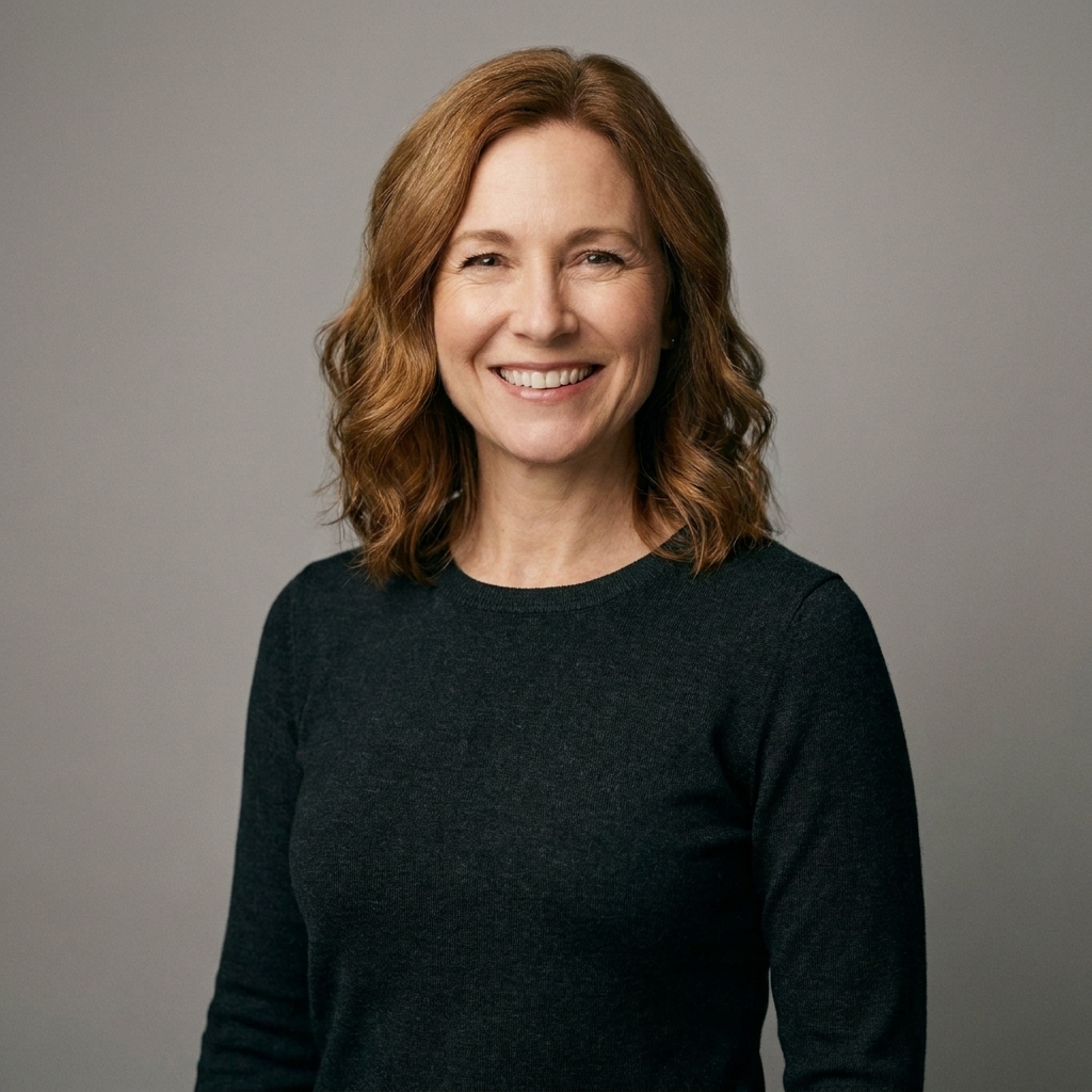 An actor in a simple dark top standing in front of a mid-gray seamless paper backdrop, with soft studio lighting and a clean, uncluttered frame