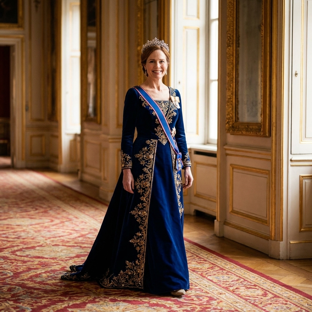 An actor in formal royal attire walking through a grand palace corridor with gilded frames, patterned carpet, and soft window light