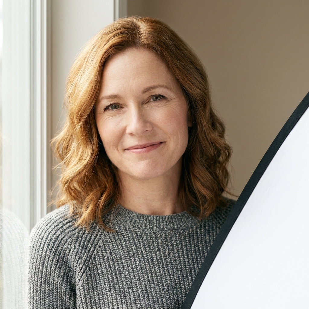 An actor photographed near a large window with soft daylight falling across the face, a white reflector filling the shadow side, neutral wall background