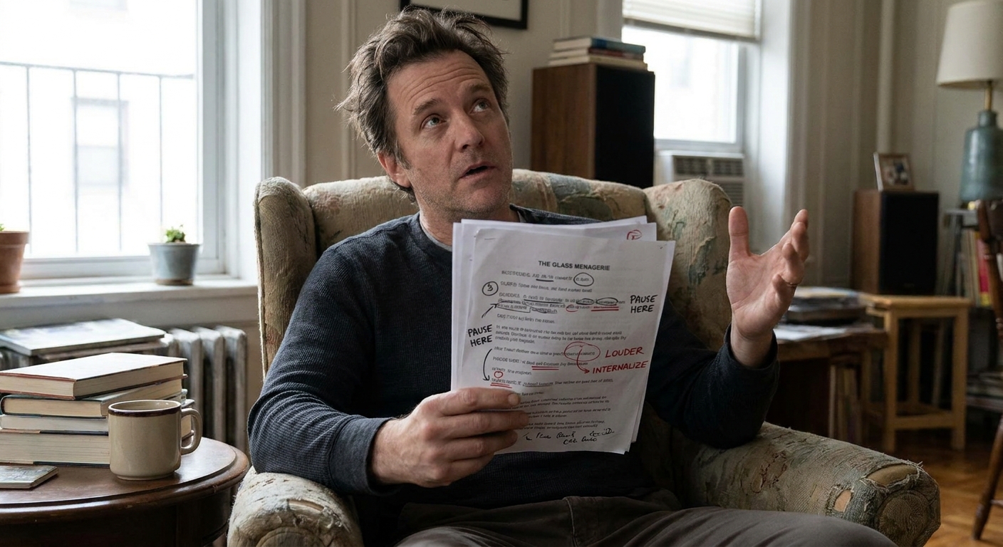An actor rehearsing at home while holding marked audition sides with handwritten notes, circled words, and underlines