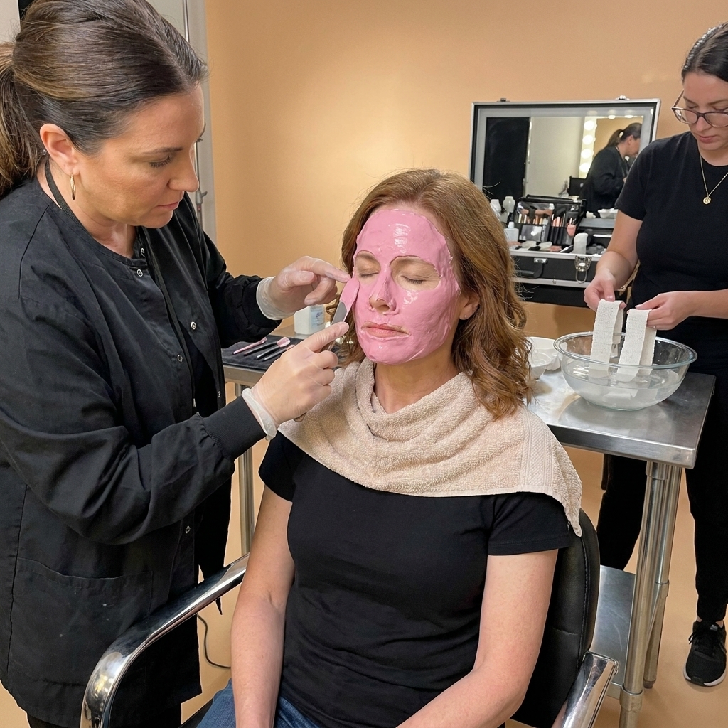 An actor seated while a makeup artist smooths alginate over their face, leaving nostrils open for breathing, with plaster bandage support being prepared nearby