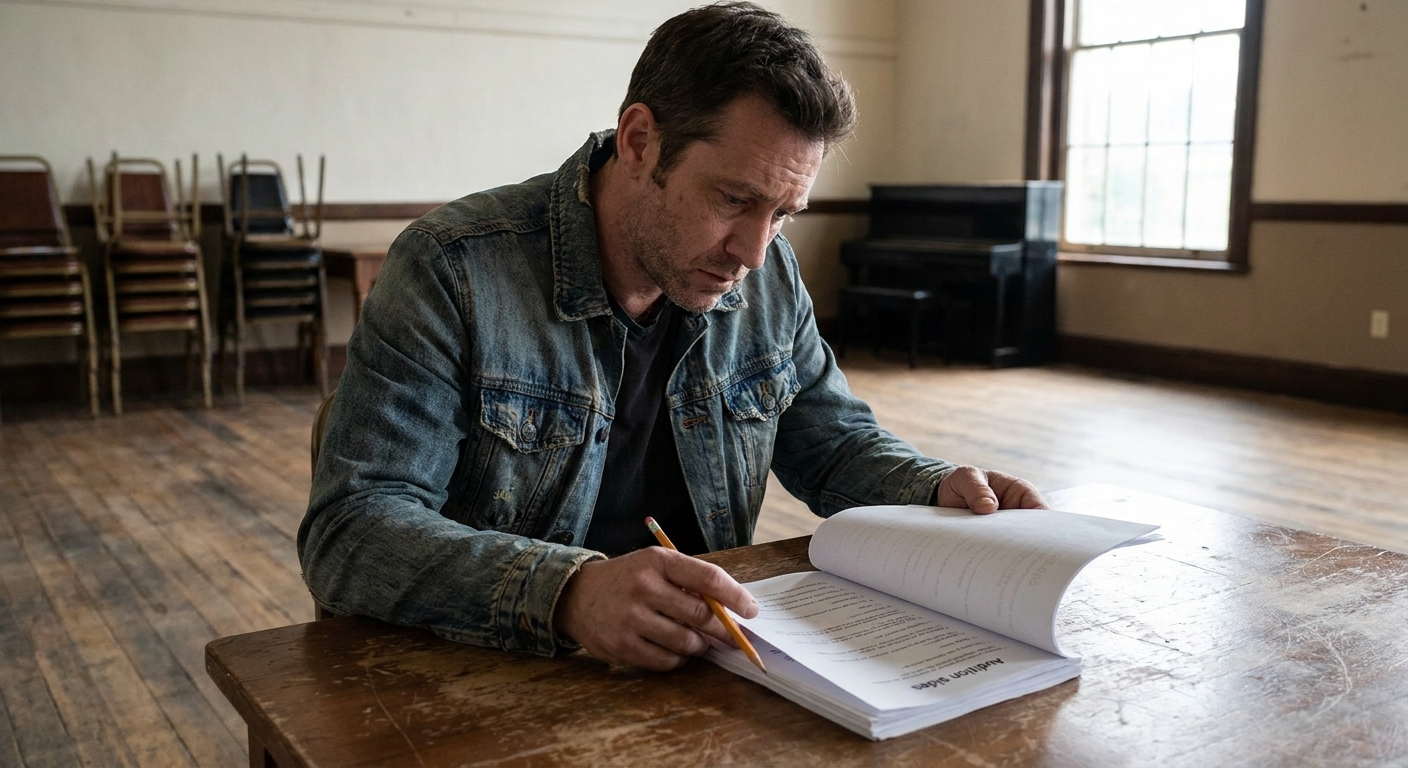 An actor sitting at a small table with printed audition sides and a pencil, flipping through a few pages in a quiet rehearsal room