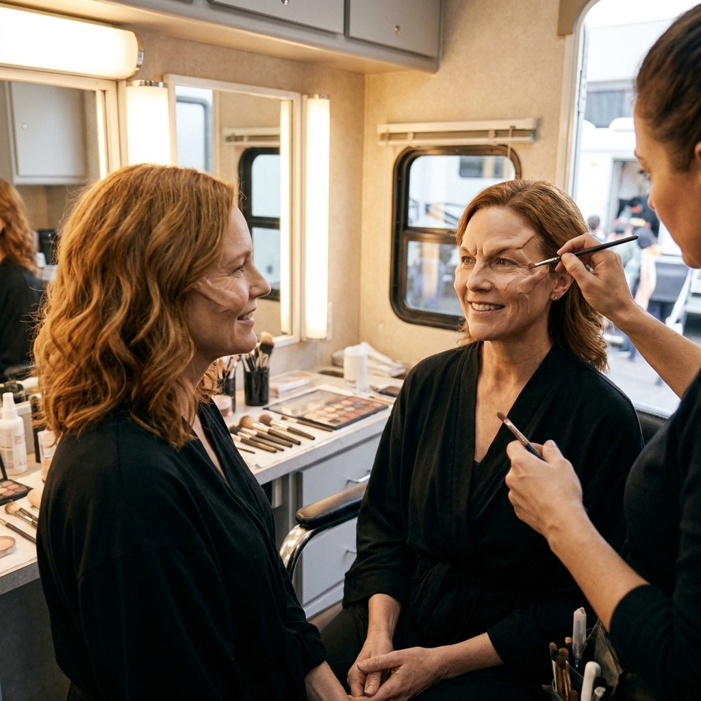 An actor sitting in a makeup trailer wearing partial facial prosthetics while looking into a mirror as a makeup artist makes final touch-ups