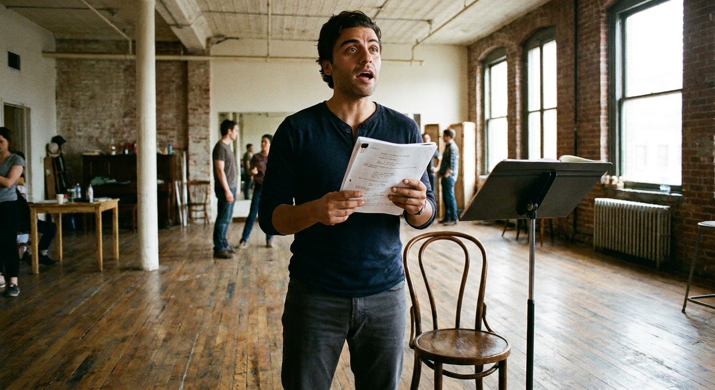 An actor standing in a rehearsal room holding printed sides, mid-read, with a chair and music stand nearby