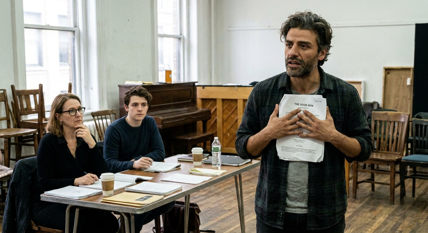 An actor standing in a rehearsal studio holding printed sides at chest height while a casting director and a reader sit at a table watching