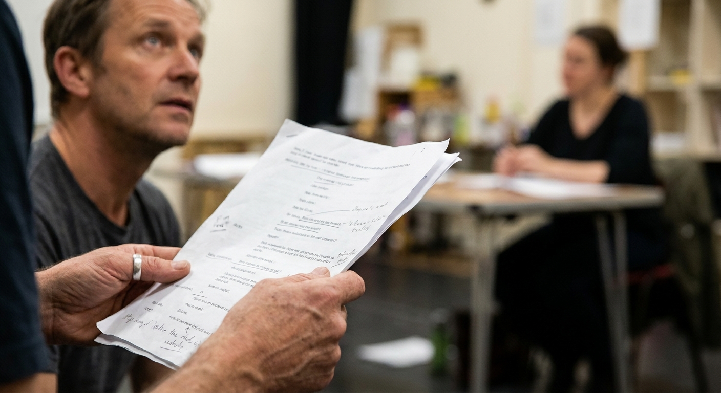 An actor's hands holding audition sides with light pencil marks while the actor looks up toward a reader in the room