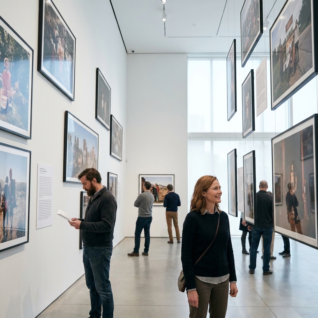 An airy museum gallery featuring a varied installation of photographs and text elements at different heights, with visitors scattered through the space