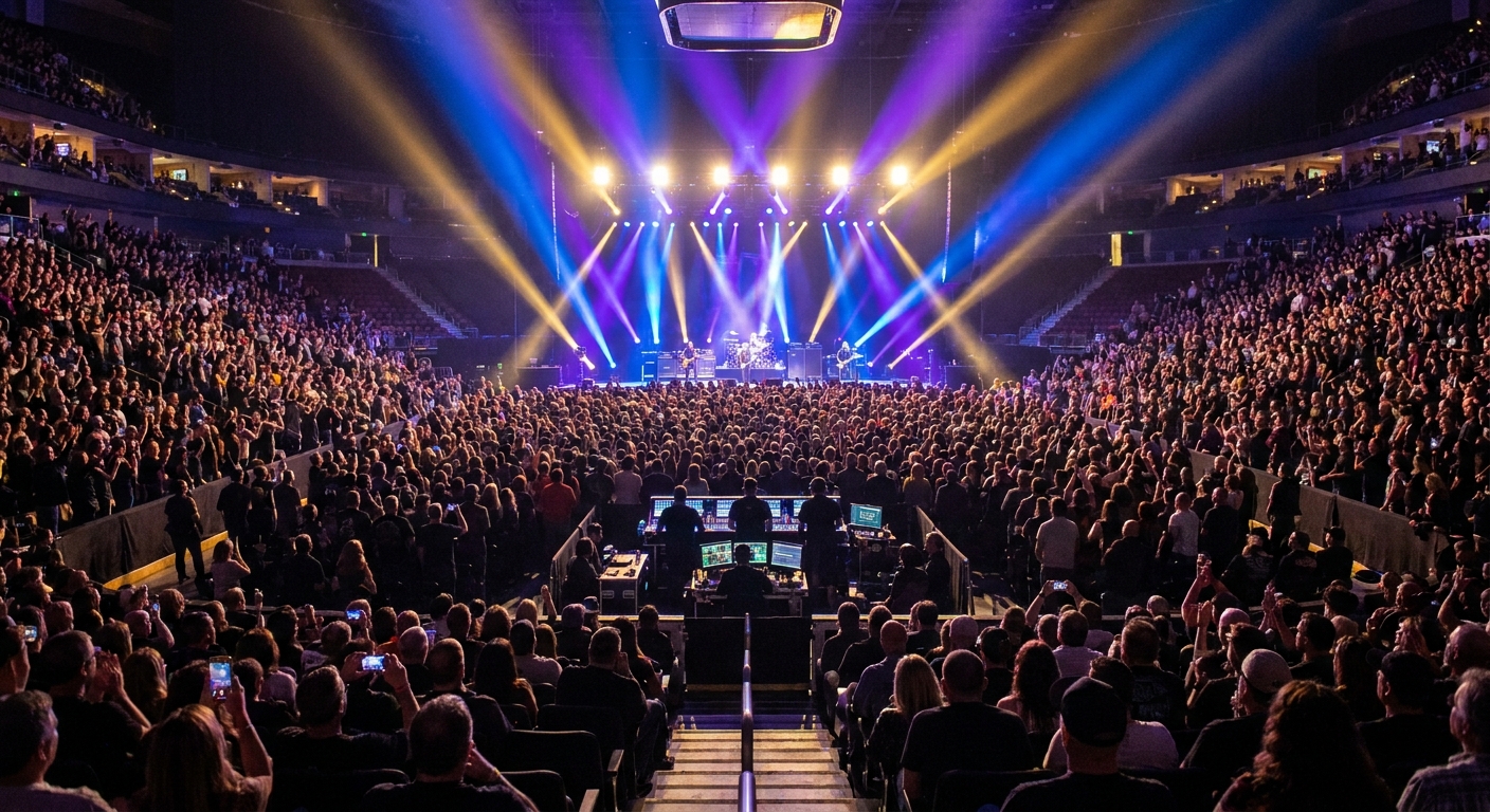 An arena concert seen from the lower bowl, centered toward the stage, with the crowd lit by stage lights and the sound mix platform visible in the distance