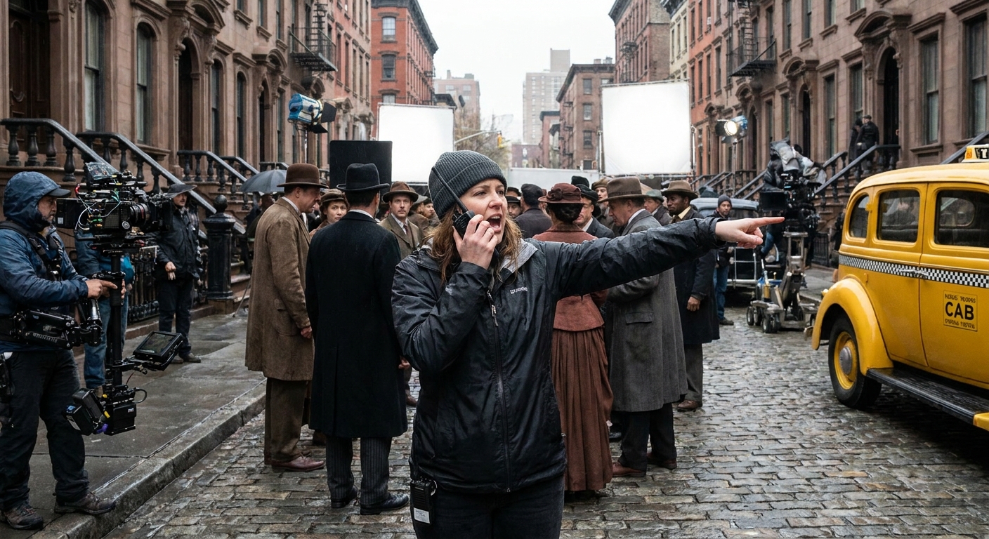An assistant director gesturing with a walkie-talkie while organizing background performers into positions on a city street set