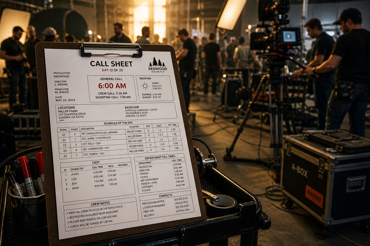 An assistant director holding a call sheet and speaking into a walkie-talkie near a production truck during an early morning call time