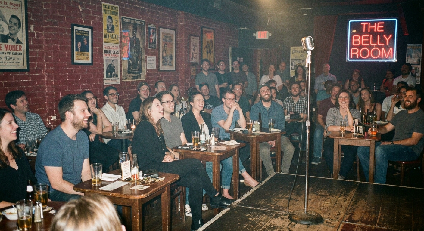 An audience seated at small tables in a comedy club facing a low stage with a single microphone stand