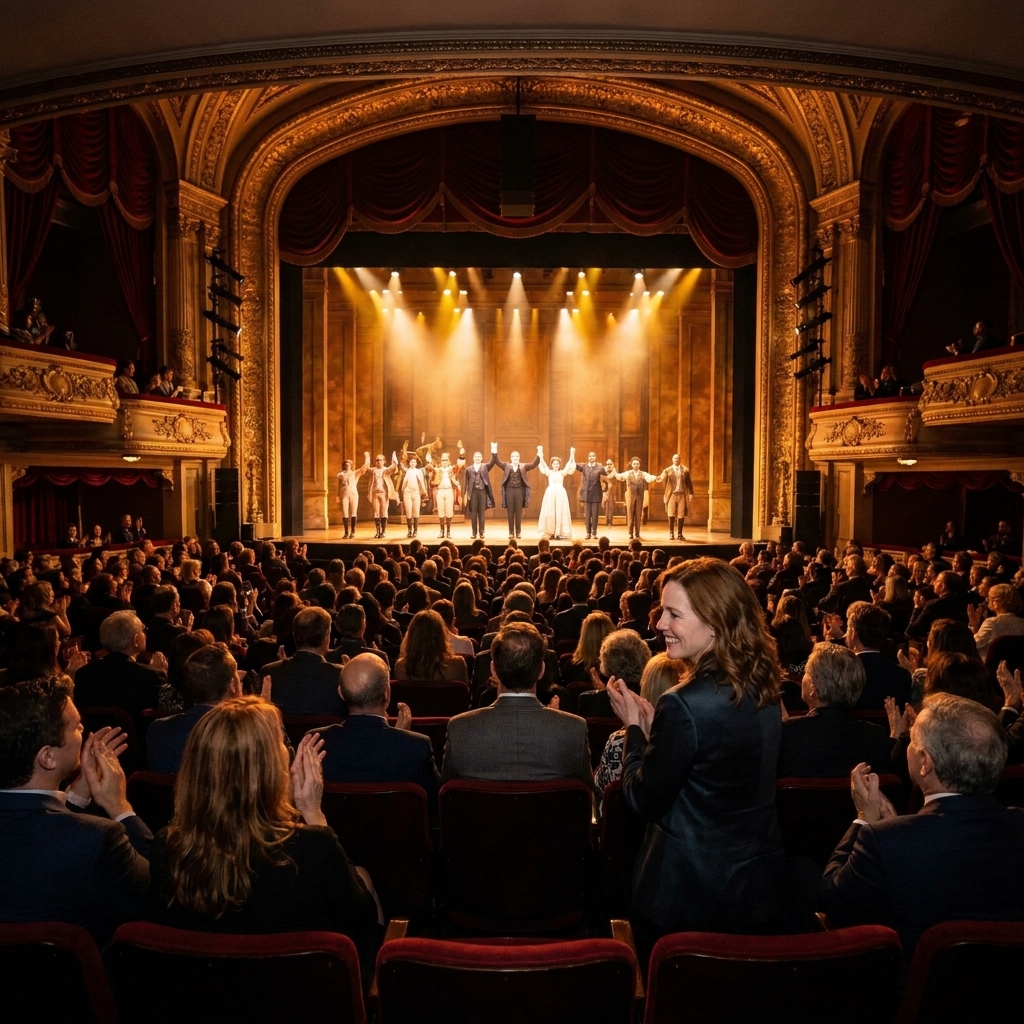 An audience seated in a classic Broadway-style theatre watching performers take a curtain call under warm stage lights, photographed from the back of the orchestra