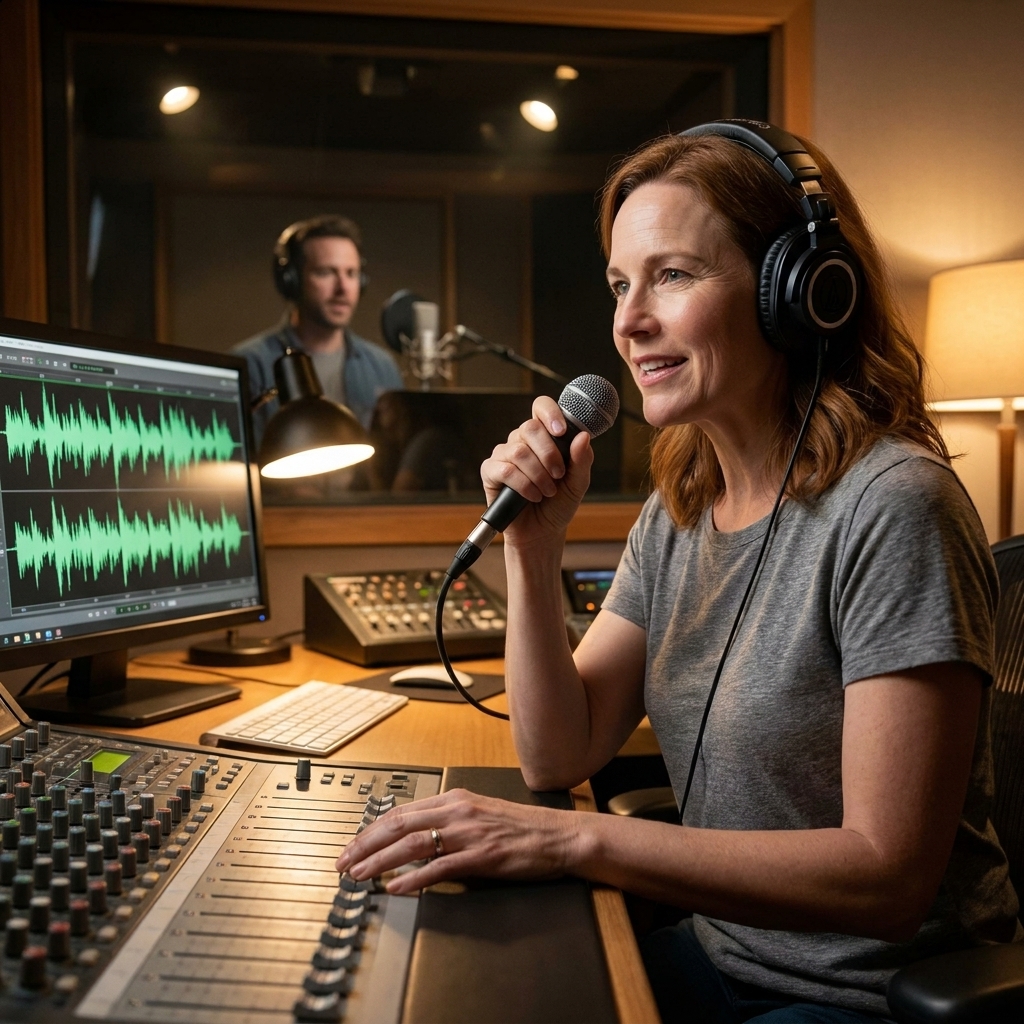 An audio engineer in a small studio control room speaking to a voice actor through a talkback mic while looking at a waveform on a computer screen