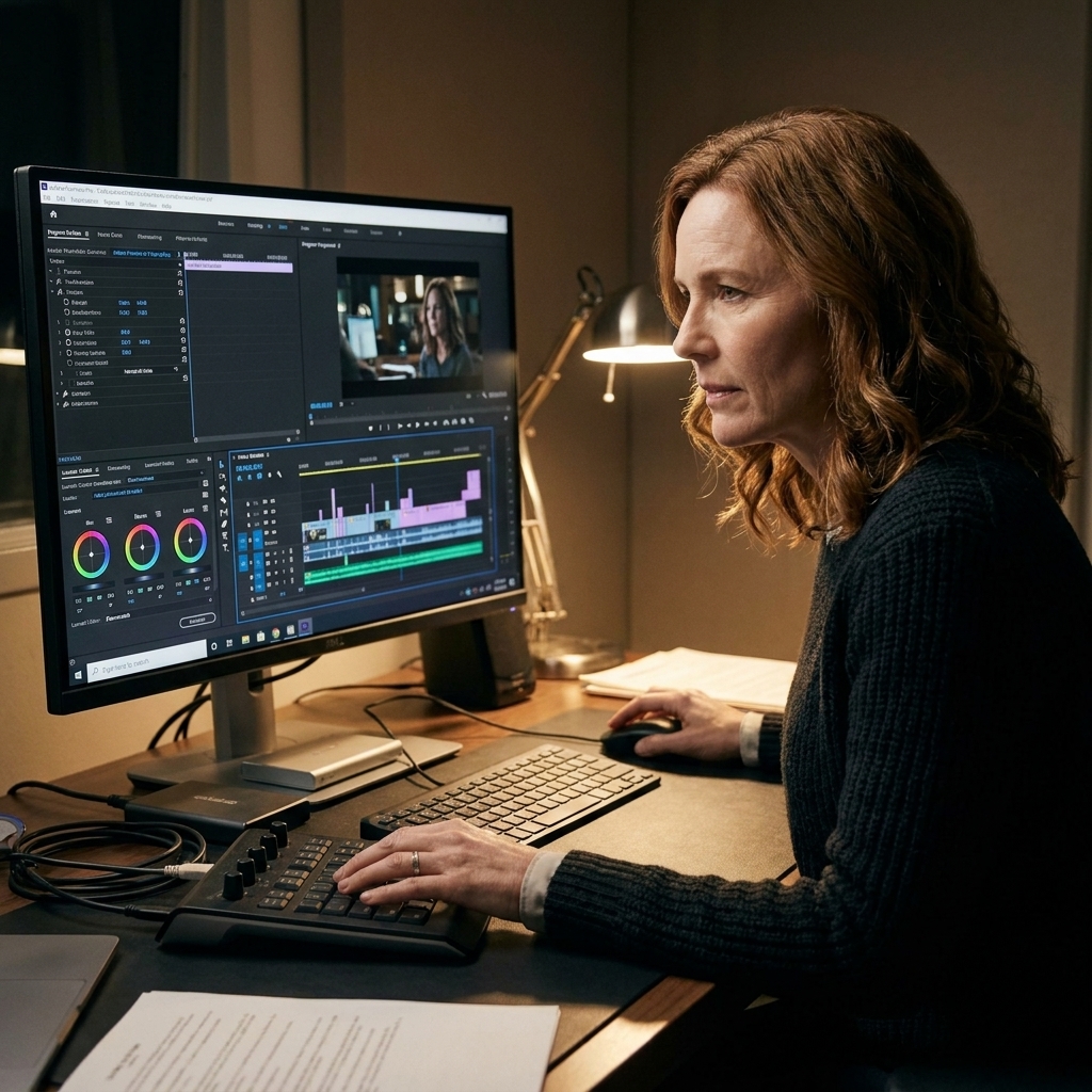 An editor seated at a desk in a dim editing room, looking at a monitor that plausibly shows Adobe Premiere Pro with a timeline and color controls, behind-the-scenes photograph