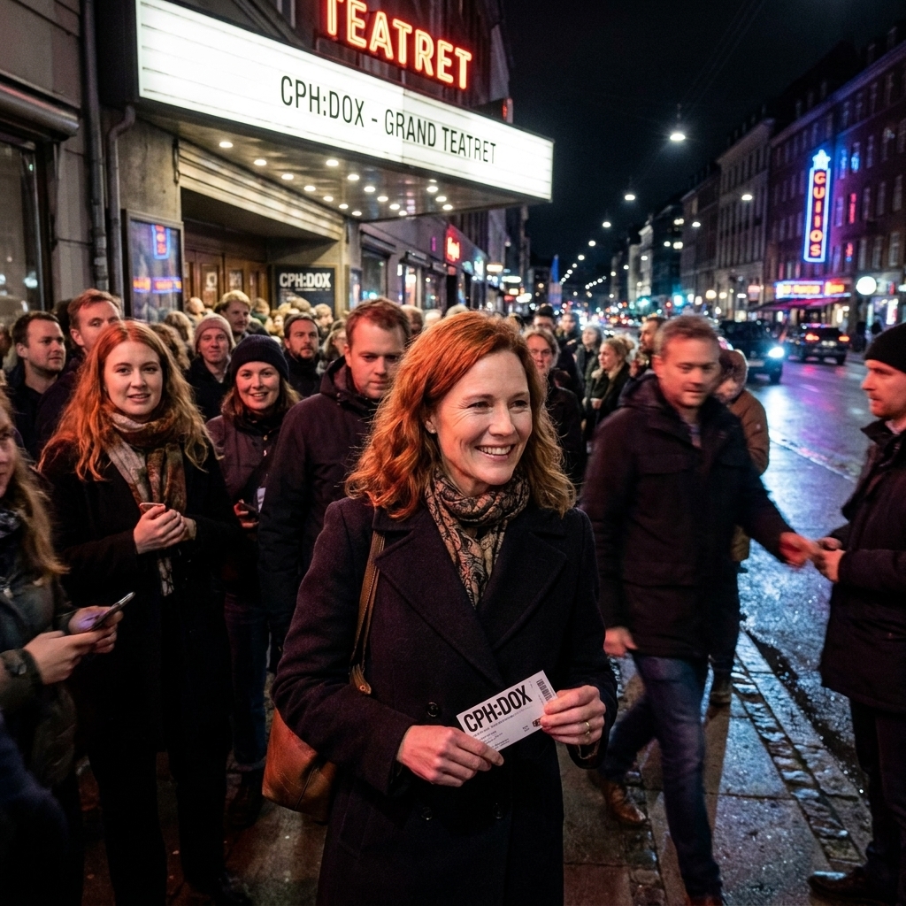 An evening crowd entering a cinema in Copenhagen during CPH:DOX, with city lights and people holding festival tickets